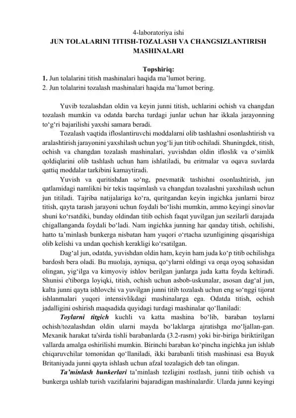Jun tolalarini titish-tozalash va changsizlantirish mashinalari