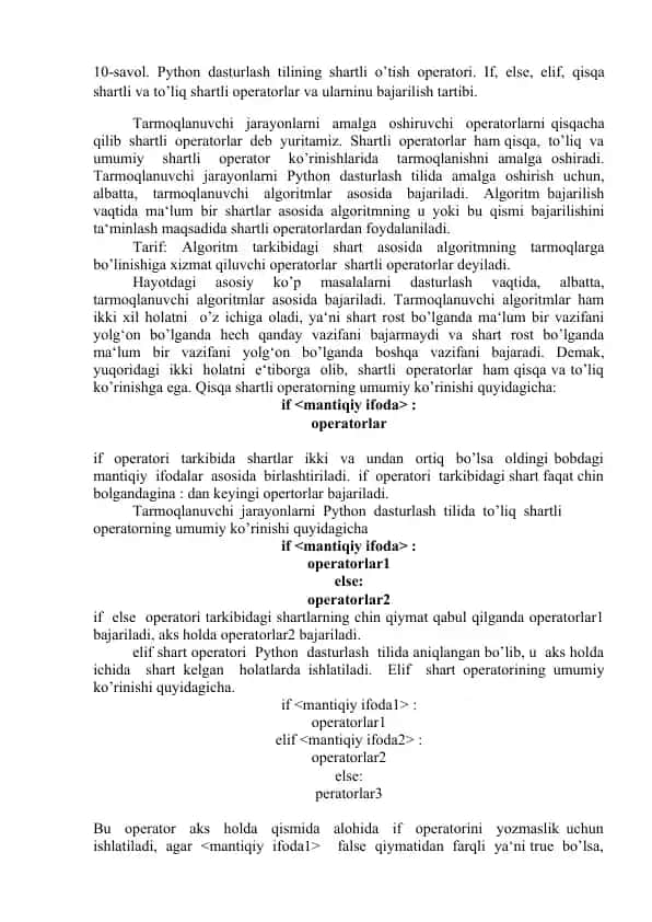 Python dasturlash tilining shartli o’tish operatori