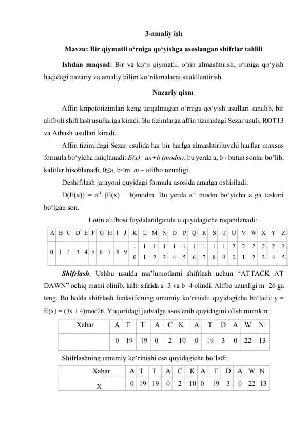 Bir qiymatli o‘rniga qo‘yishga asoslangan shifrlar tahlili