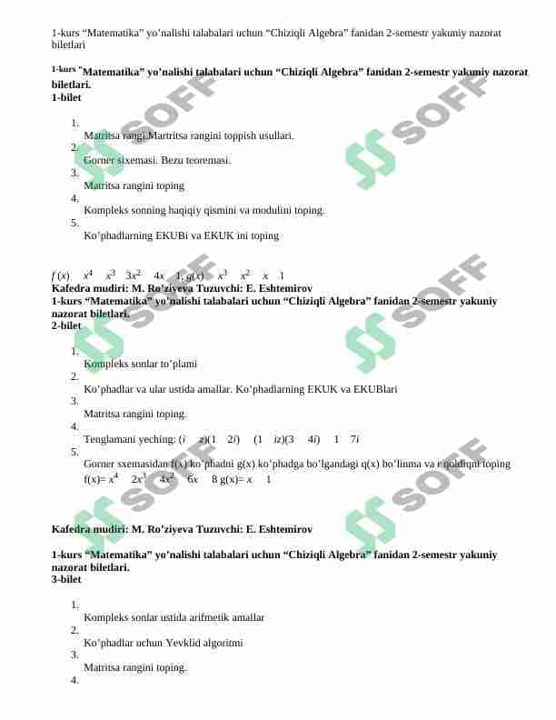 Chiziqli algebra 1fanidan yakuniy nazoratlar
