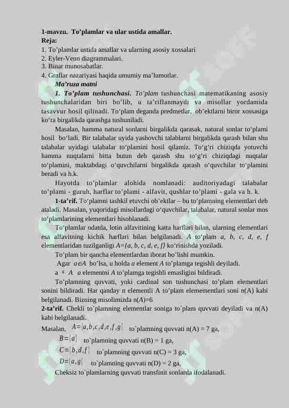 To’plamlar va ular ustida amallar