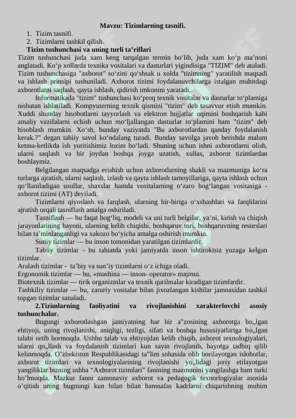 Mavzu: Tizimlarning tasnifi. 1. Tizim tasnifi. 2. Tizimlarni tashkil qilish.