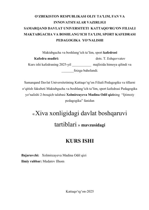 Xiva xonligidagi davlat boshqaruvi tartiblari