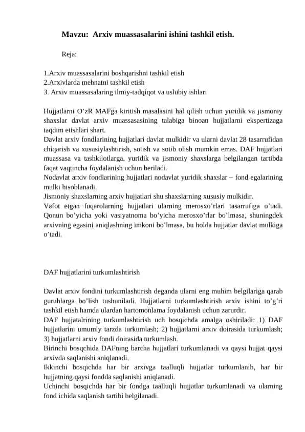 Arxiv muassasalarini ishini tashkil etish