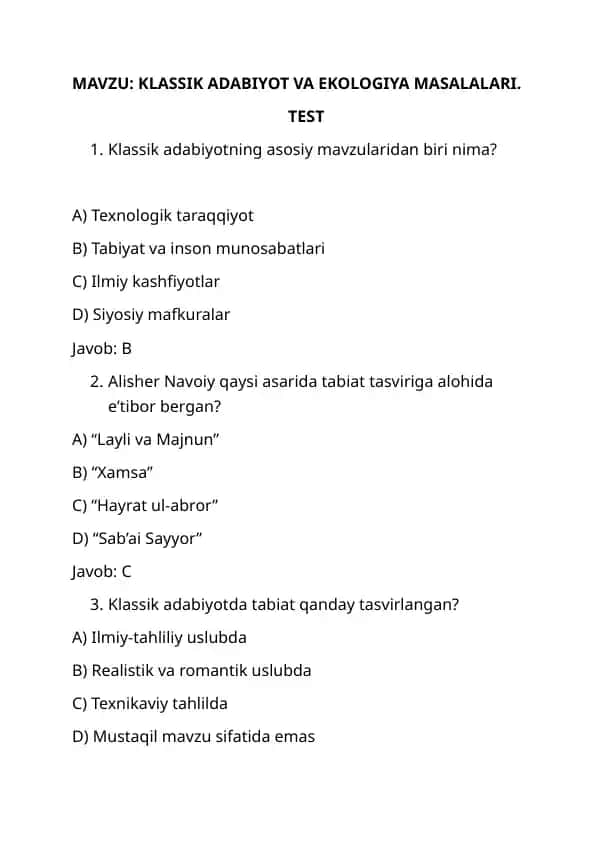 Klassik adabiyot va ekologiya masalalari