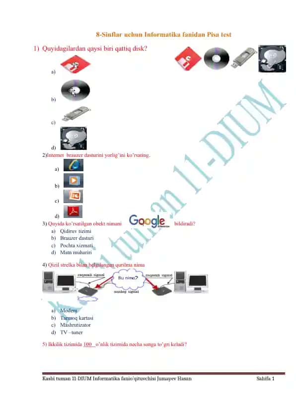 8-Sinflar uchun Informatika fanidan Pisa test