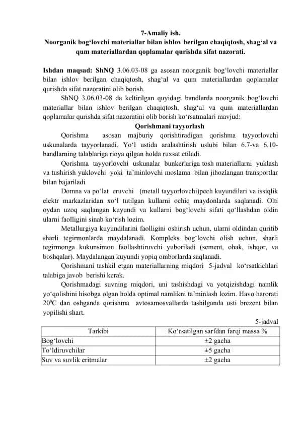 Noorganik bog'lovchi materiallar bilan ishlov berilgan chaqiqtosh, shag'al va qum materiallardan qoplamalar
