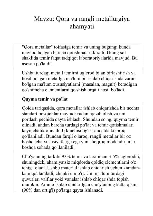 Qora va rangli metallurgiya ahamyati