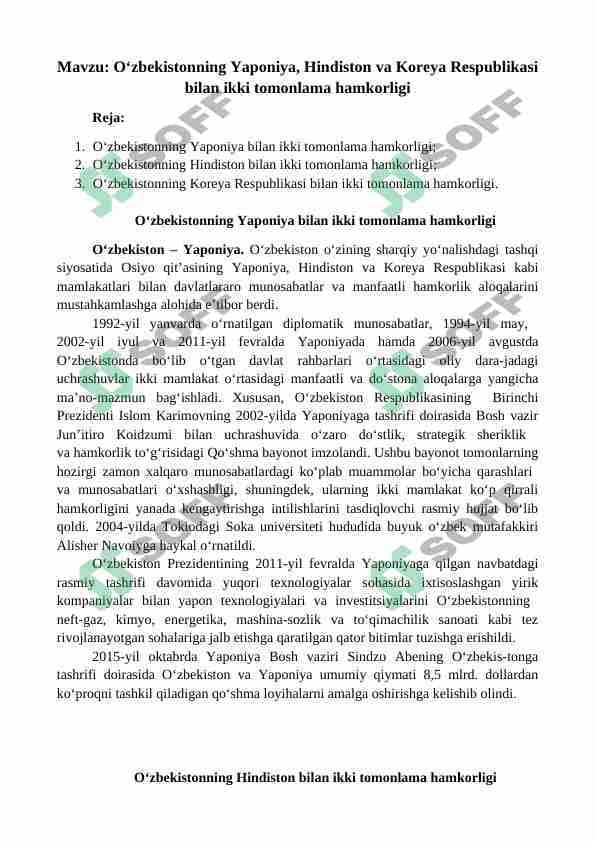 O‘zbekistonning Yaponiya, Hindiston va Koreya Respublikasi bilan ikki tomonlama hamkorligi