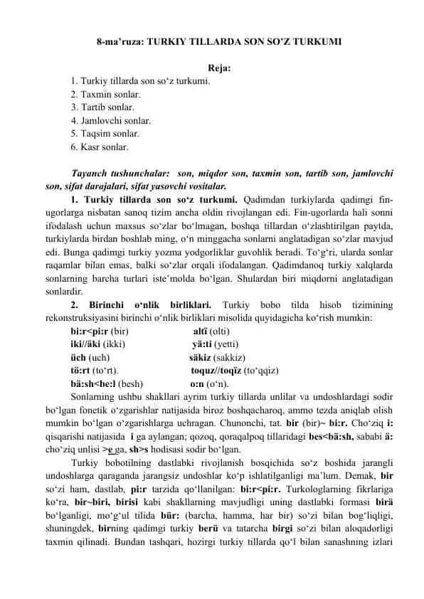 Turk tillarida son so'z turkumi