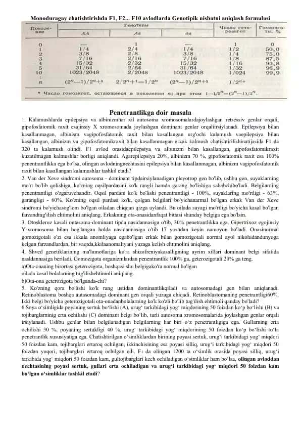 Monoduragay chatishtirishda F1,F2...F10 avlodlarda Genotipik nisbatni aniqlash formulasi