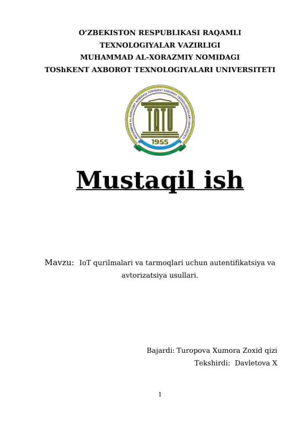 IoT qurilmalari va tarmoqlari uchun autentifikatsiya va avtorizatsiya usullari