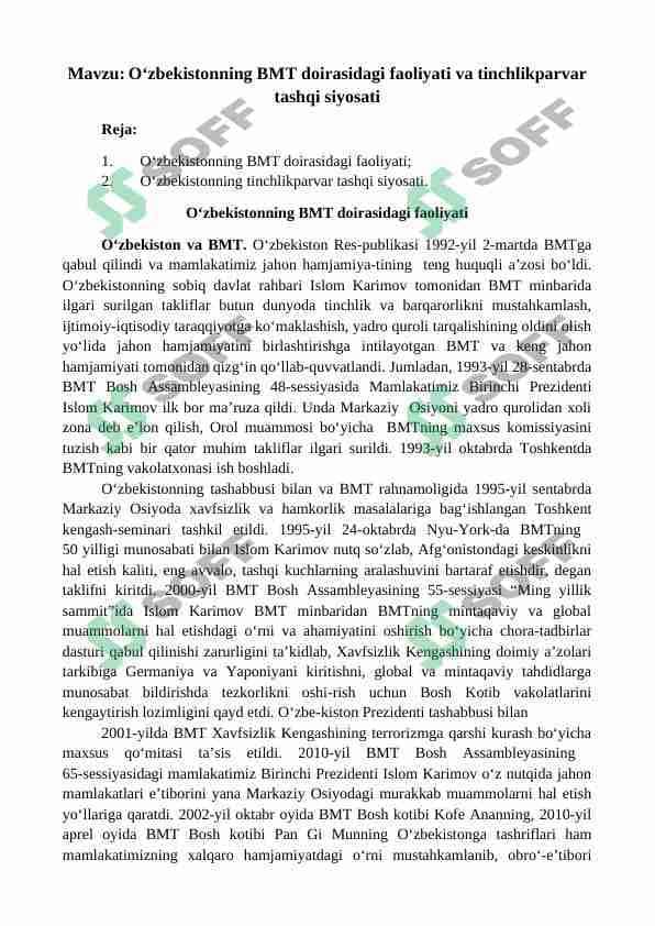 O‘zbekistonning BMT doirasidagi faoliyati va tinchlikparvar tashqi siyosati