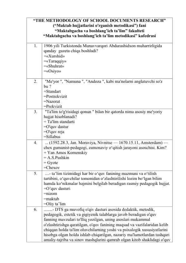 THE METHODOLOGY OF SCHOOL DOCUMENTS RESEARCH (Maktab hujjatlarini o'rganish metodikasi) fani