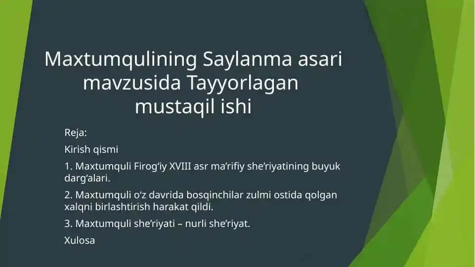 Maxtumquli Firog‘iy XVIII asr ma’rifiy she’riyatining buyuk darg‘alari