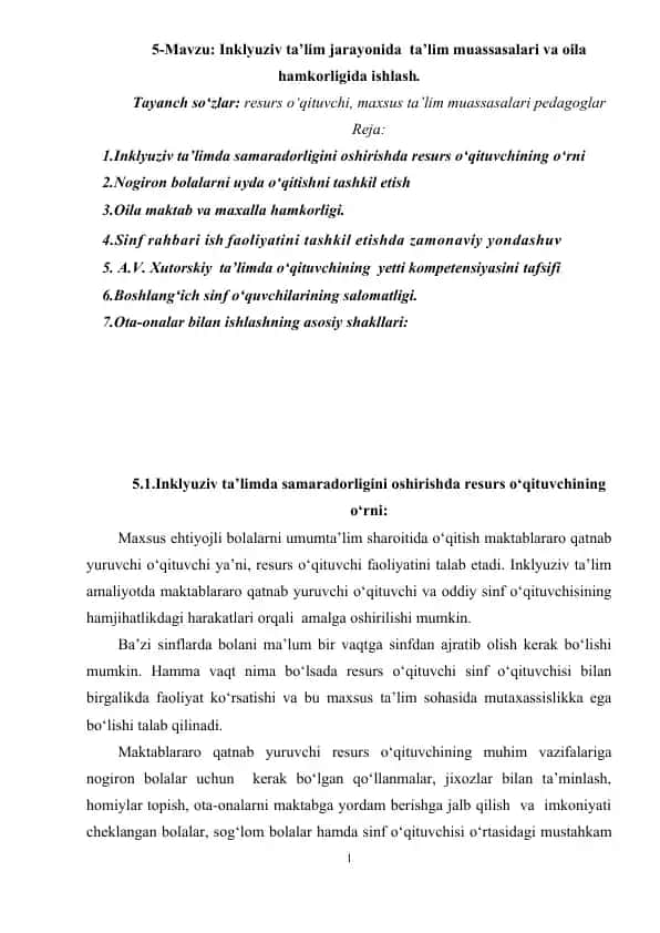 Inklyuziv ta’lim jarayonida ta’lim muassasalari va oila hamkorligida ishlash.