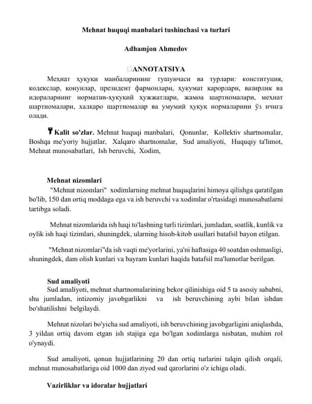 Mehnat huquqi manbalari va turlari