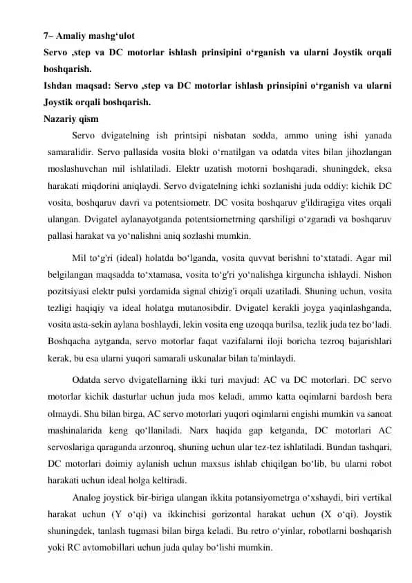 Servo, Step va DC Motorlar ishlash prinsipi