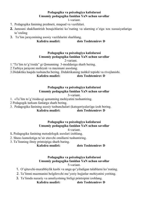 Pedagogika va psixologiya kafedarasi savollari