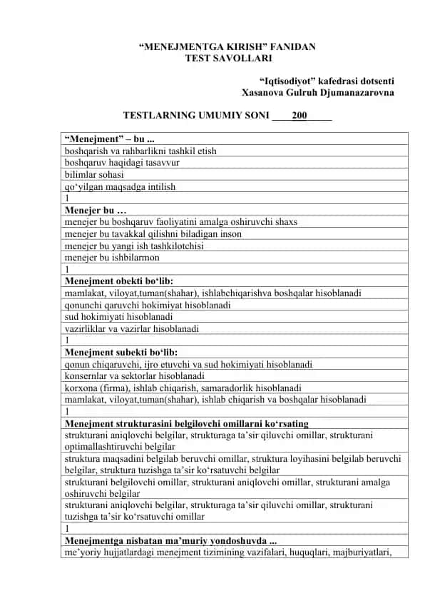 MENEJMENTGA KIRISH fanidan test savollari