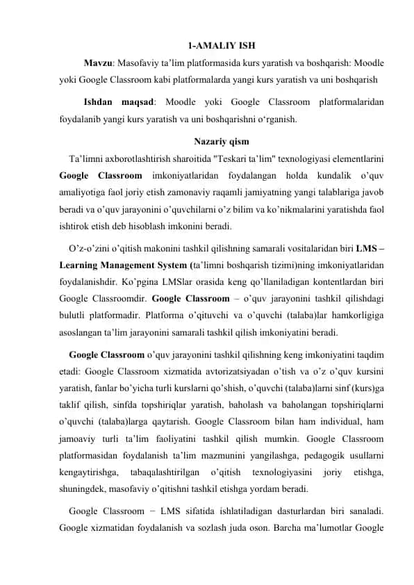 Google Classroom va Moodle platformalarida kurs yaratish va boshqarish