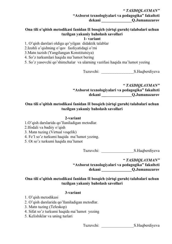 Ona tili o’qitish metodikasi fani