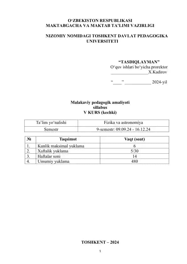 Malakaviy pedagogik amaliyoti sillabus