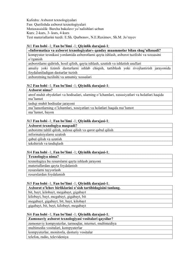 Qurilishda axborot texnologiyalari test materiallari