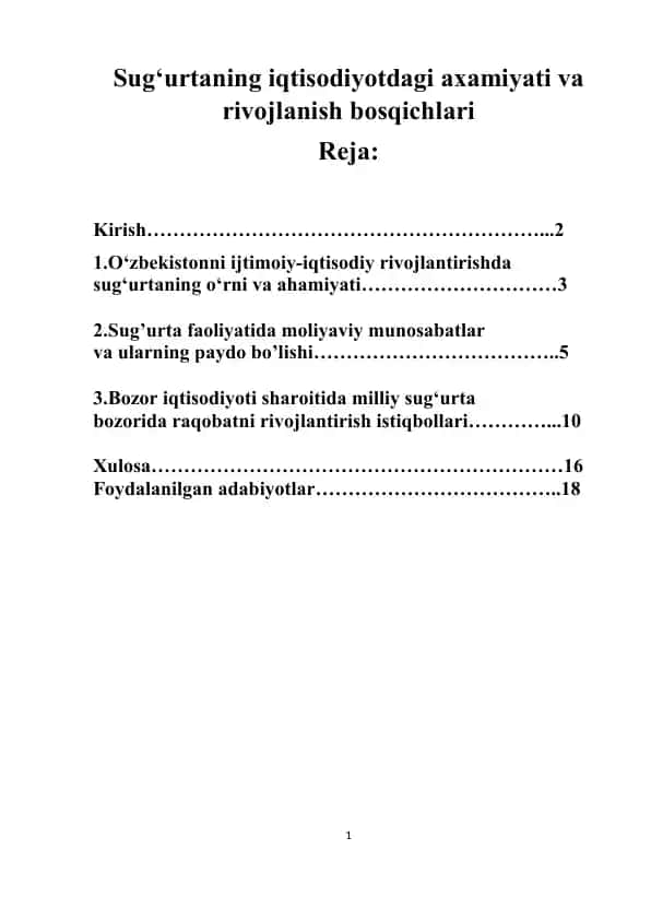Sug‘urtaning iqtisodiyotdagi axamiyati va rivojlanish bosqichlari