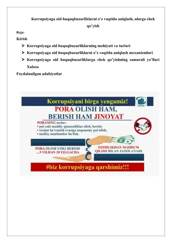 Korrupsiyaga oid huquqbuzarliklarni o’z vaqtida aniqlash, ularga chek qo’yish