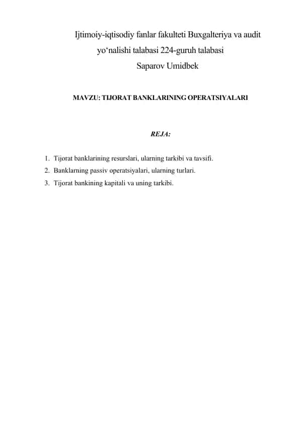 TIJORAT BANKLARINING OPERATSIYALARI
