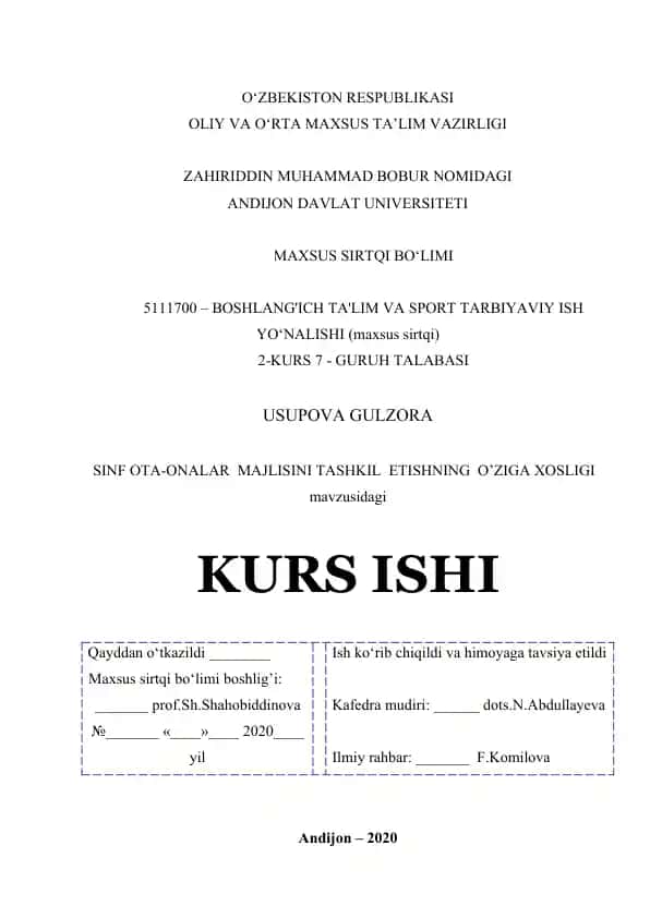 SINF OTA-ONALAR MAJLISINI TASHKIL ETISHNI O’ZIGA XOSLIGI