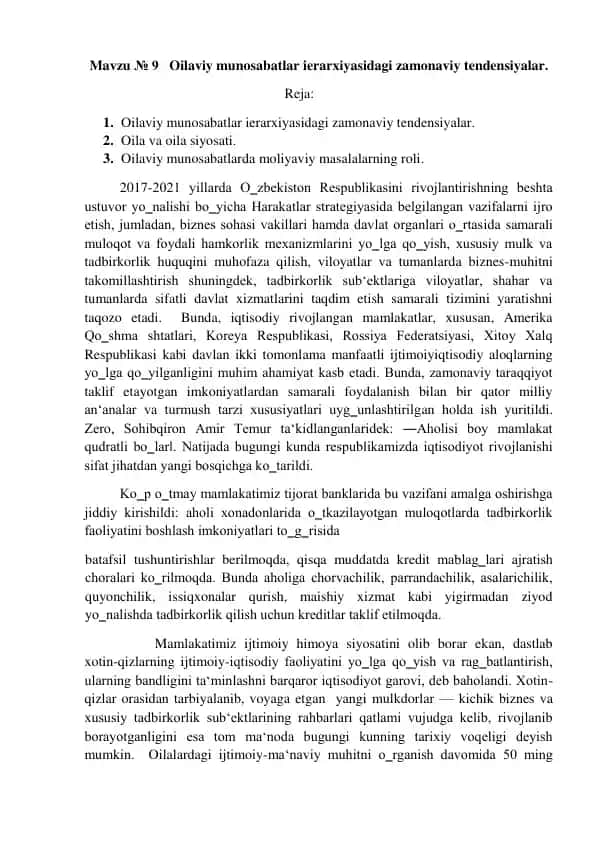 Oilaviy munosabatlar ierarxiyasidagi zamonaviy tendensiyalar
