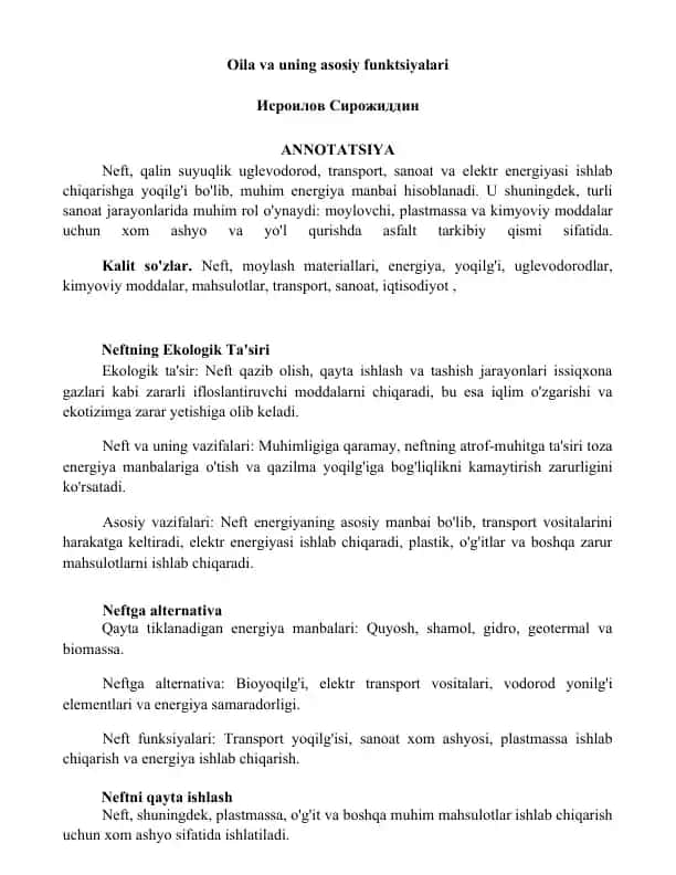 Neft va uning vazifalari