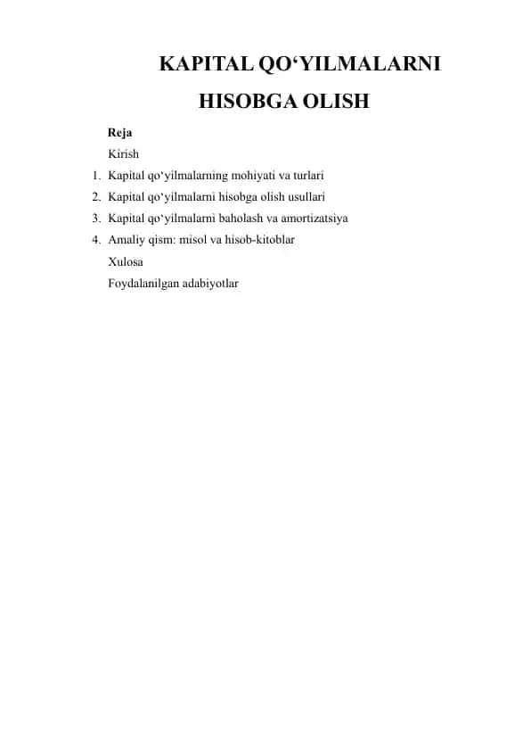 KAPITAL QO‘YILMALARNI HISOBGA OLISH