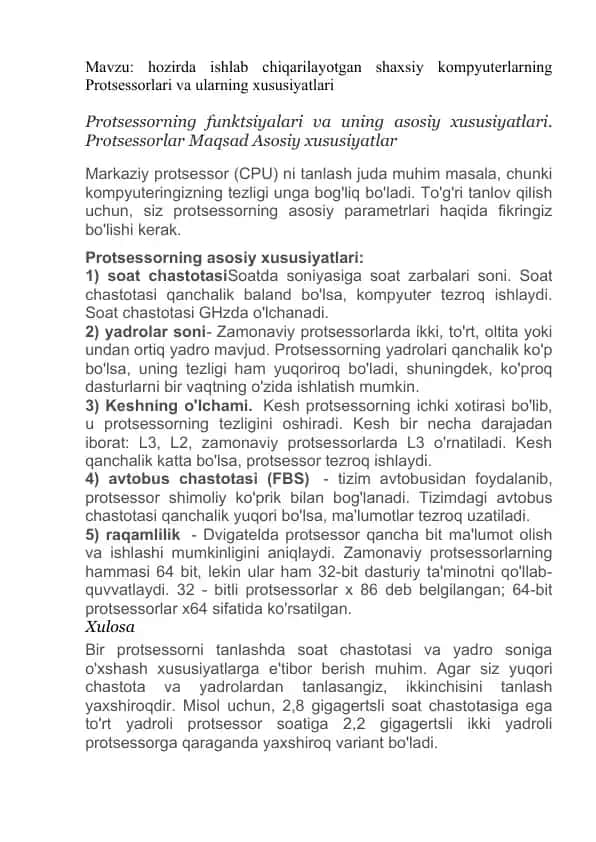 Protsessorlarning xususiyatlari