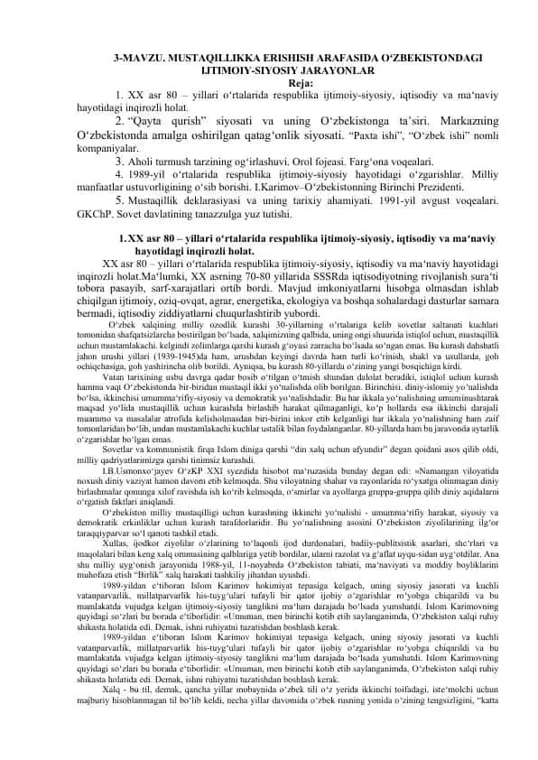 Oʻzbekistonda Mustaqillikka Erishish Arafasida Ijtimoiy-Siyosiy Jarayonlar