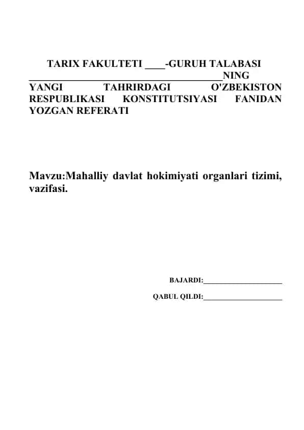 Mahalliy davlat hokimiyati organlari tizimi, vazifasi.