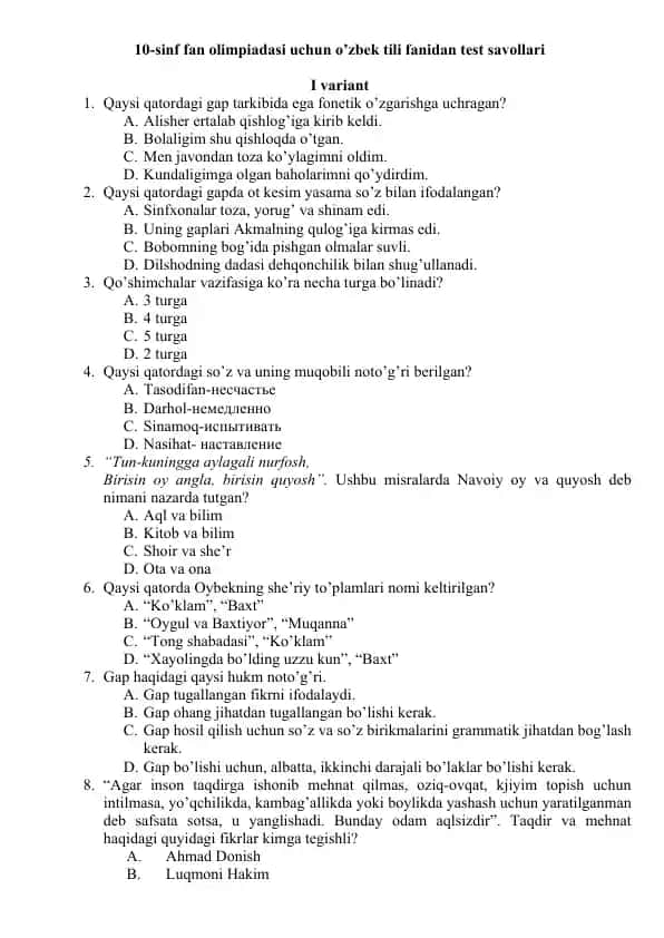 10-sinf fan olimpiadasi uchun o’zbek tili fanidan test savollari