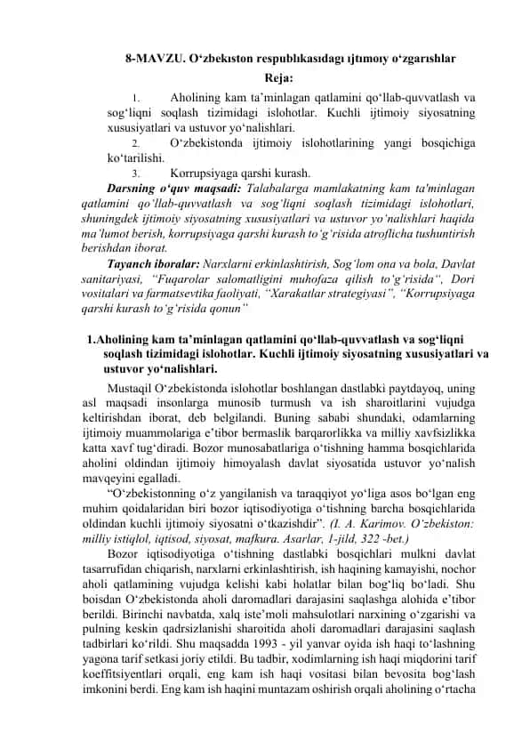 O‘zbekıston respublıkasıdagı ıjtımoıy o‘zgarıshlar