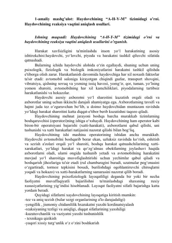 Haydovchilar uchun harakat xavfsizligi va reaksiyalarini baholash