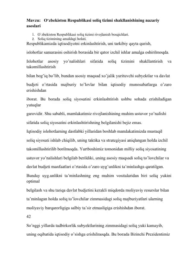 O‘zbekiston Respublikasi soliq tizimi shakllanishining nazariy asoslari