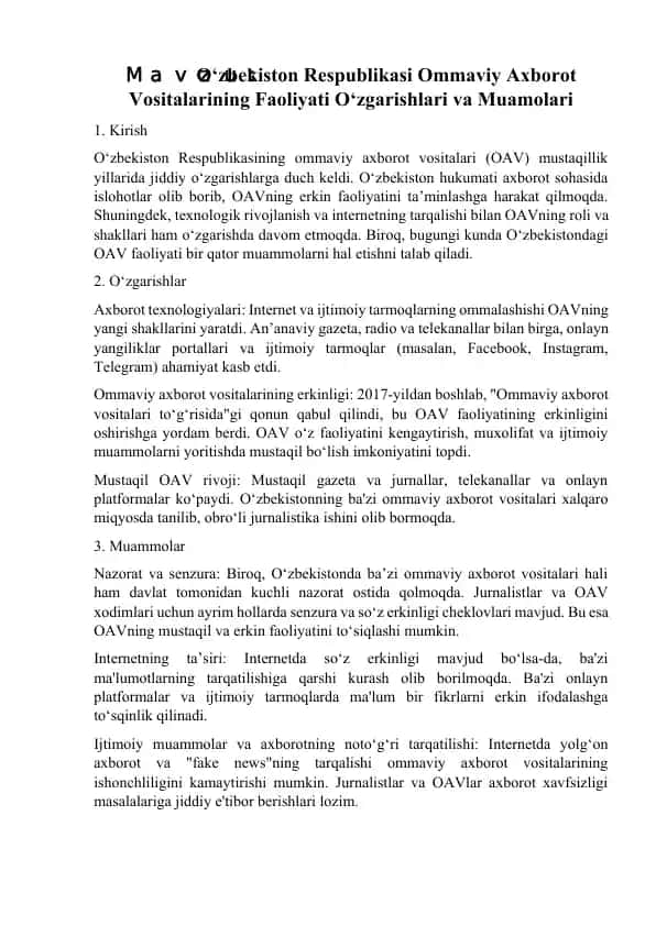 O‘zbekiston Respublikasi Ommaviy Axborot Vositalarining Faoliyati O‘zgarishlari va Muamolari