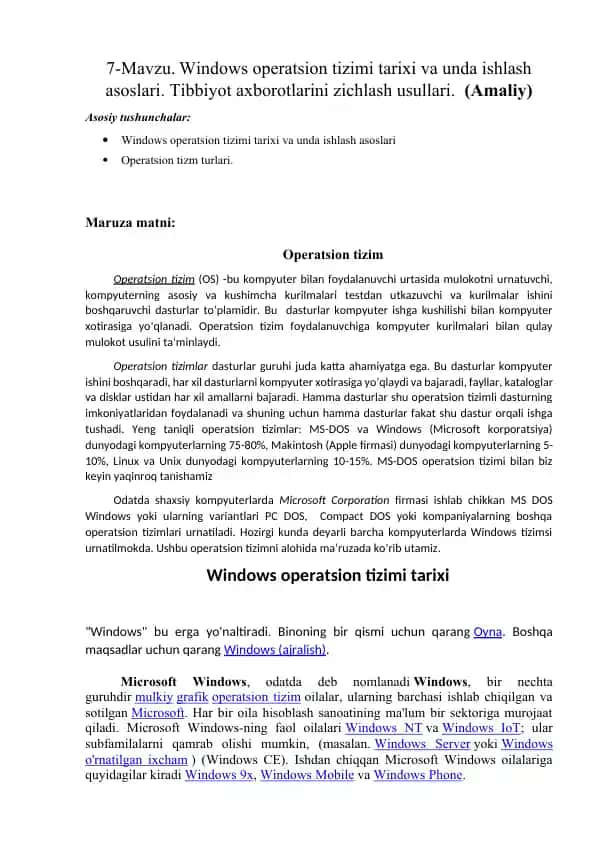 Windows operatsion tizimi tarixi va unda ishlash asoslari