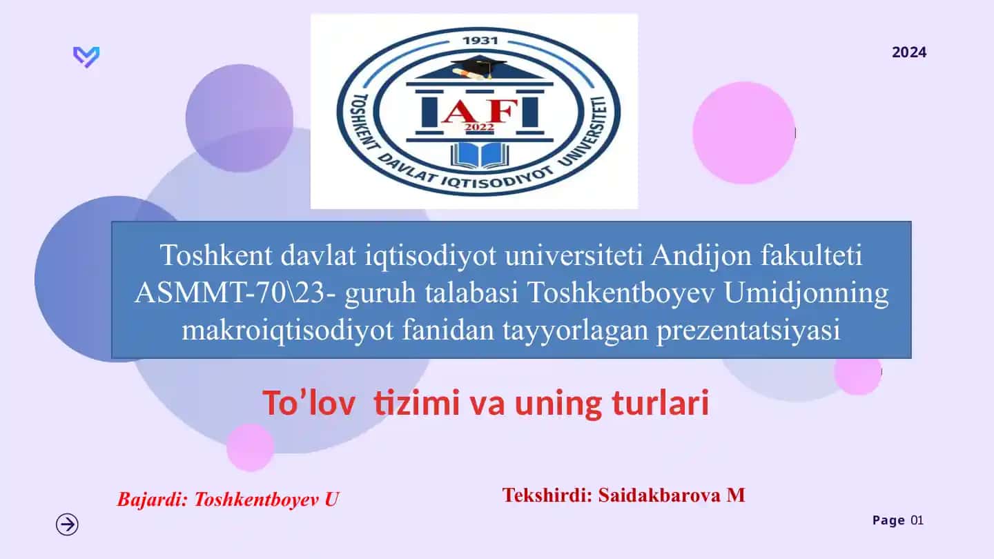 Prezentatsiya "To’lov tizimi va uning turlari"