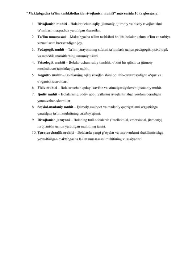Maktabgacha ta'lim tashkilotlarida rivojlanish muhiti