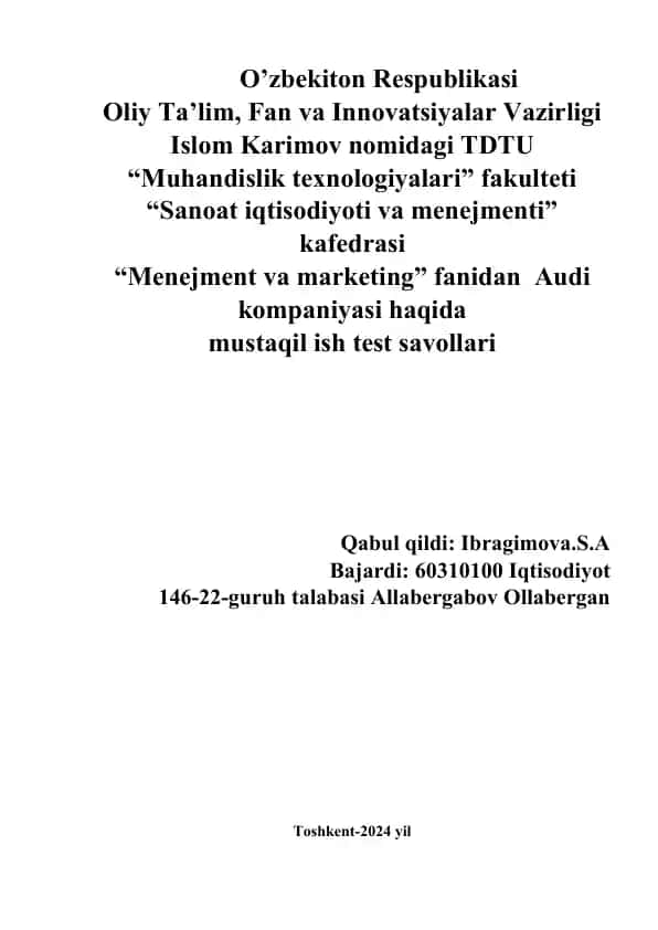 Audi kompaniyasi haqida mustaqil ish test savollari