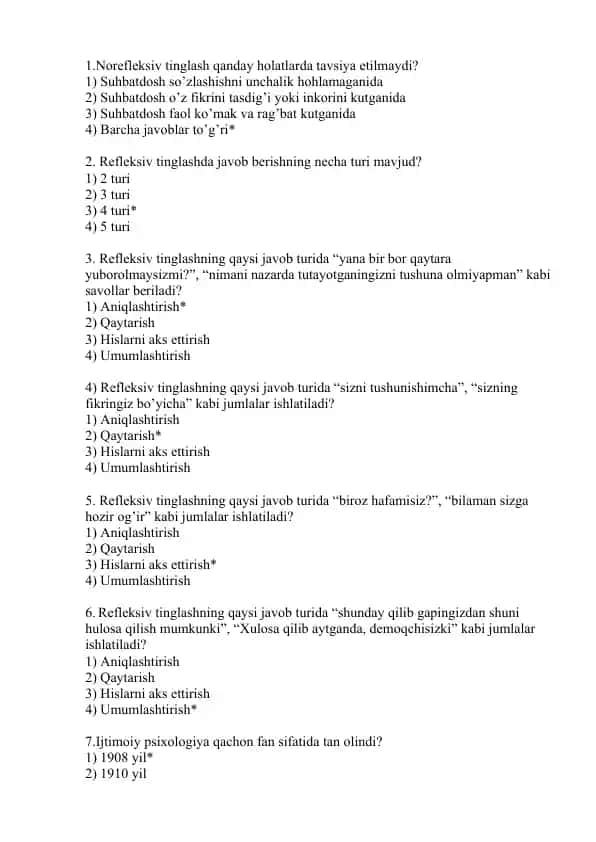 Refleksiv Tinglash savollar