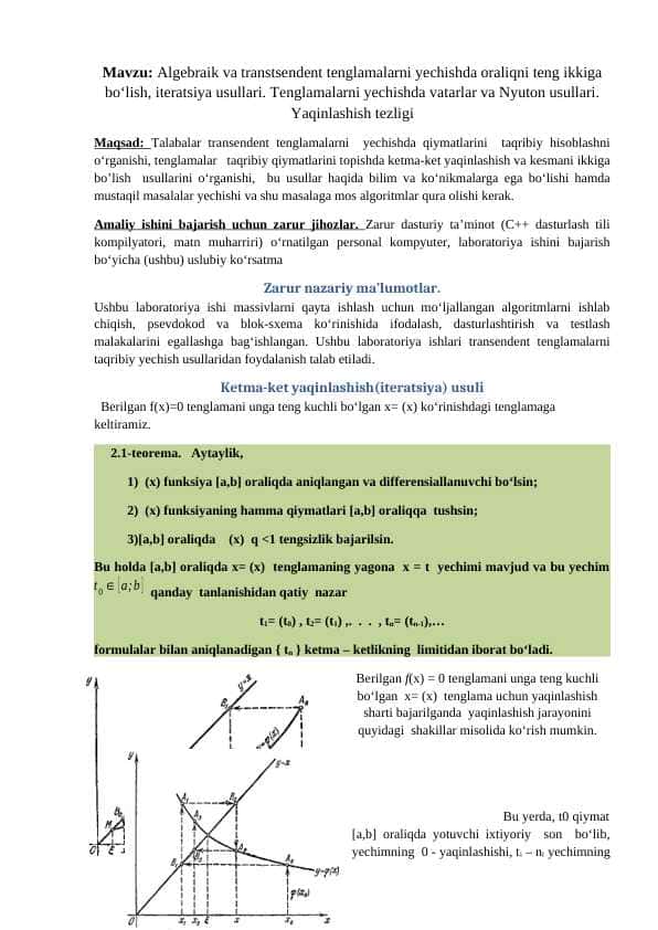Algebraik va transtsendent tenglamalarni yechishda oraliqni teng ikkiga bo‘lish, iteratsiya usullari