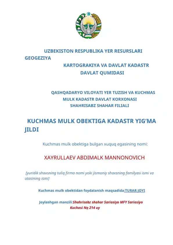 Kuchmas Mulk Obektiga Kadastre Yig'ma Jildi